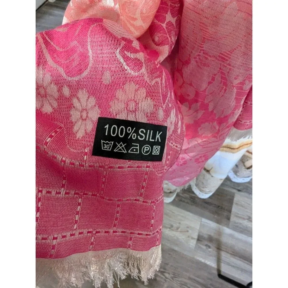 100% Silk Scarf Pink Orange 65x26 Silky Soft Lightweight Layering Warmth Cozy